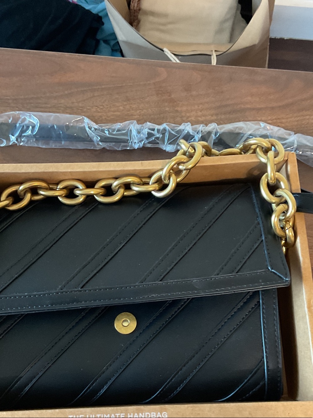 Madison West smooth vegan Black Leather Shoulder Bag with Gold Chain